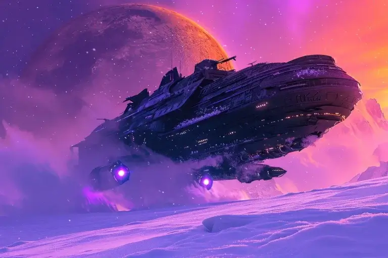 Black spaceship flying on purple frozen landscape