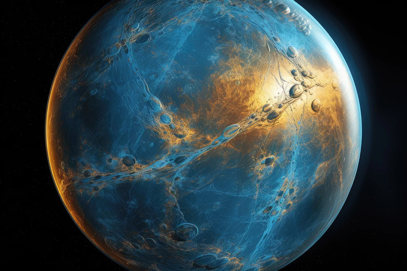 Blue planet in space with orange stains