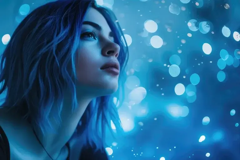 Girl with blue hair on blue bokeh background