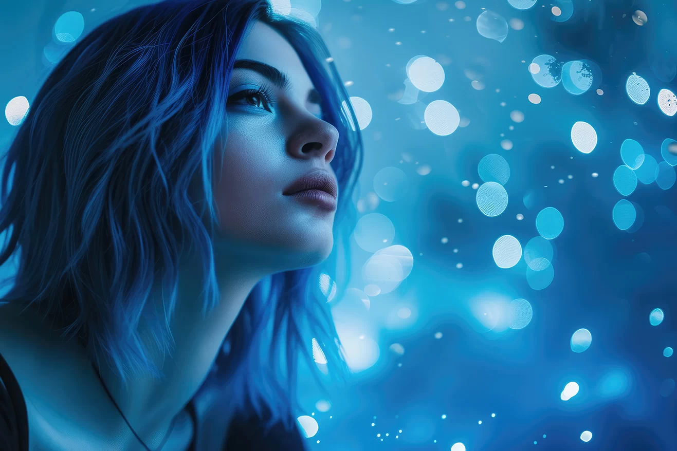 Girl with blue hair on blue bokeh background