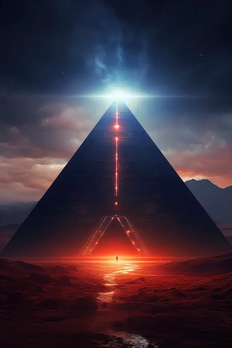 Dark pyramid with red lights