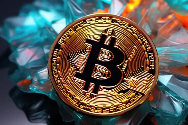 Golden bitcoin logo on green and orange crystals