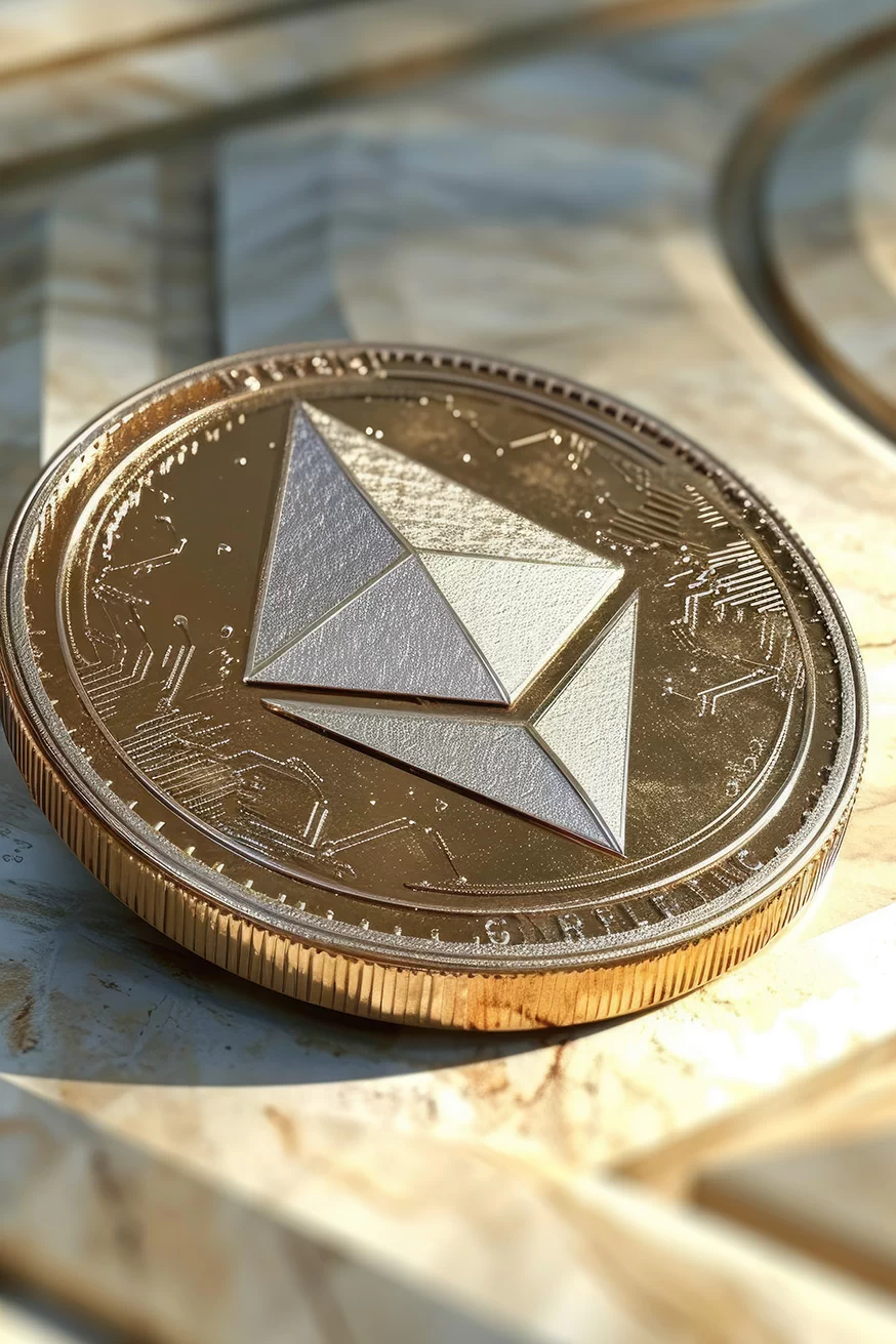 Golden Ethereum coin in sun lights