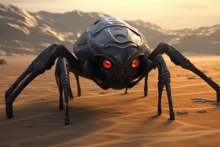 Monster black bug in desert on sunset