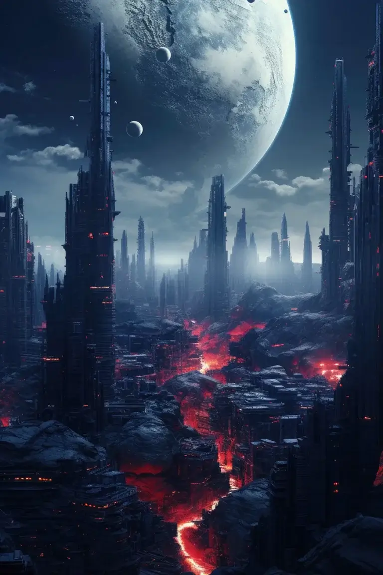 Futuristic black city with huge moon and red lights