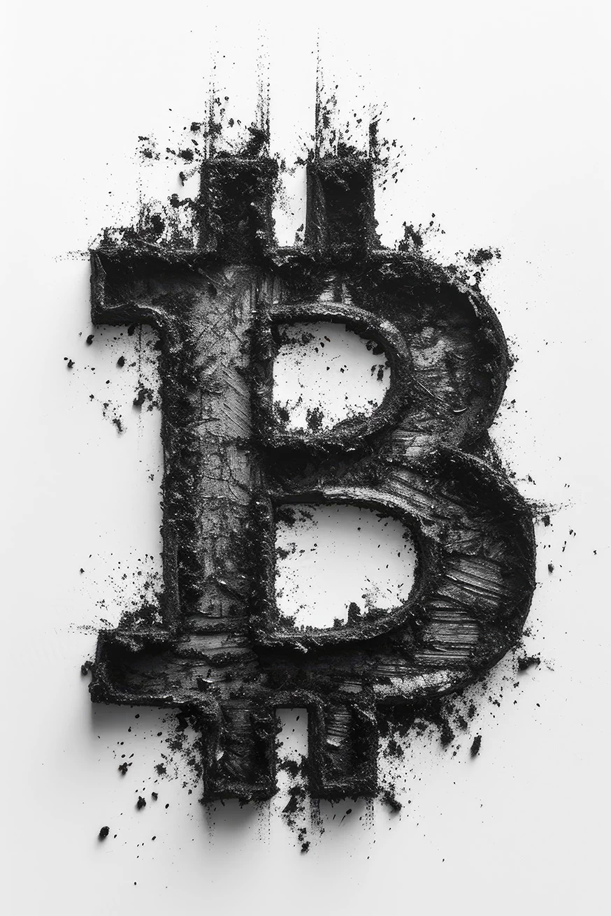 Bitcoin logo made of black charcoals on white background