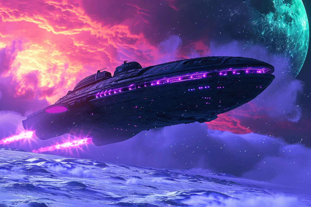 Black spaceship on violet neon landscape