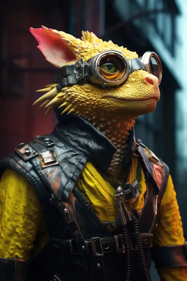 Humanoid lizard creature with yellow skin and leather suit