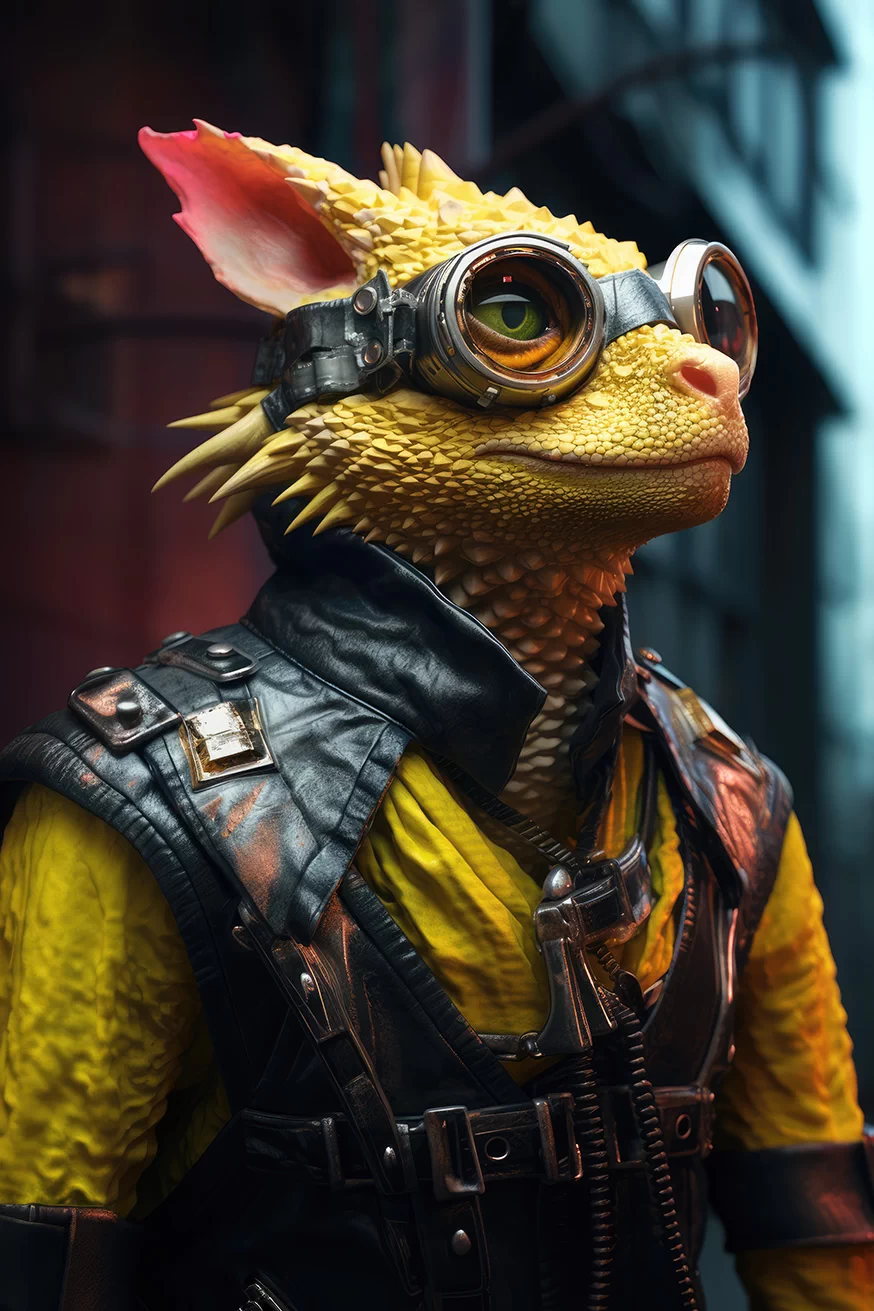 Humanoid lizard creature with yellow skin and leather suit