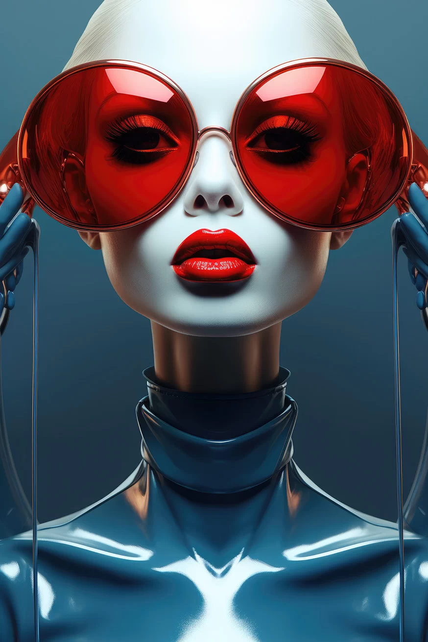 Woman with red lips and red glasses