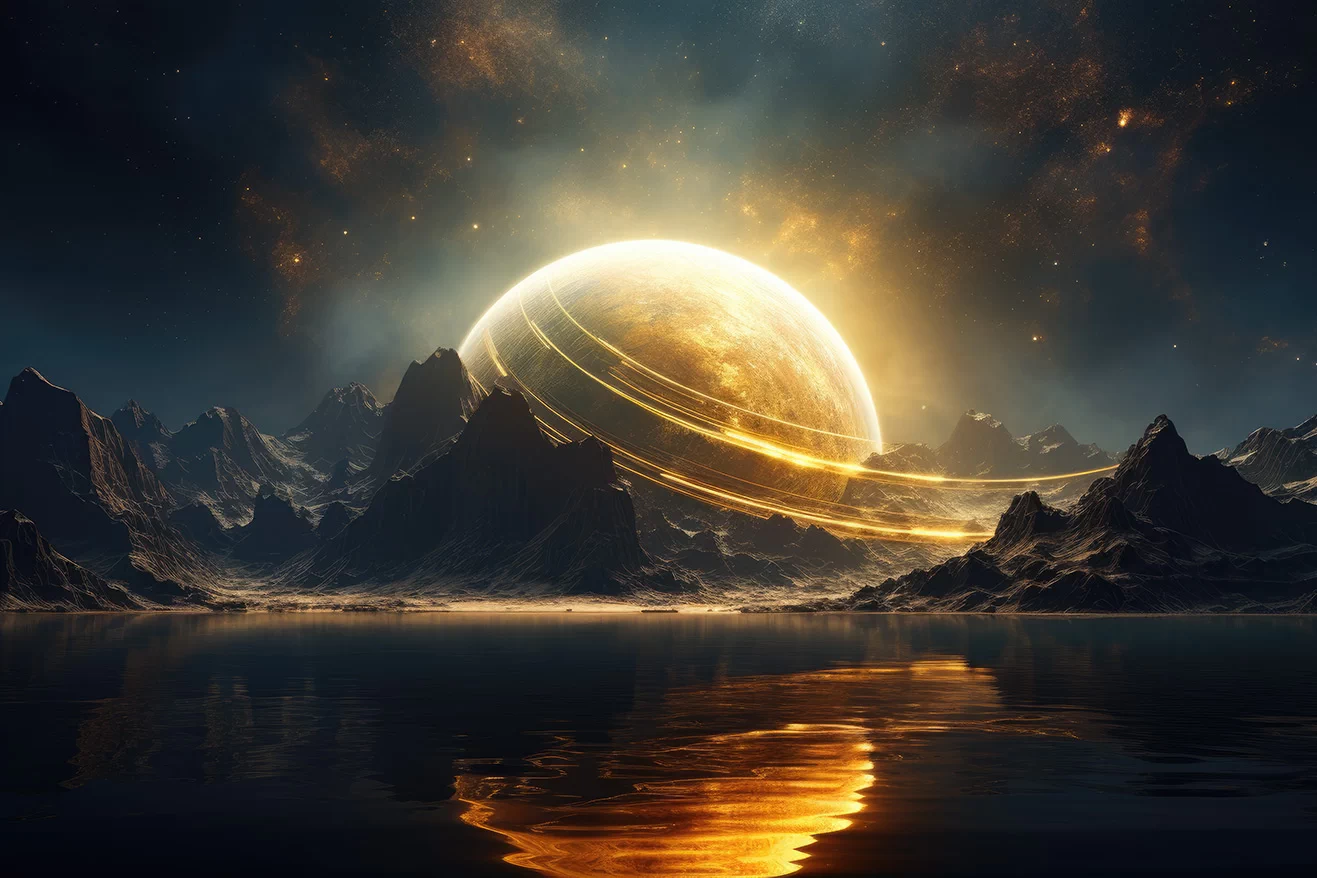 Landscape with huge orange planet and lake