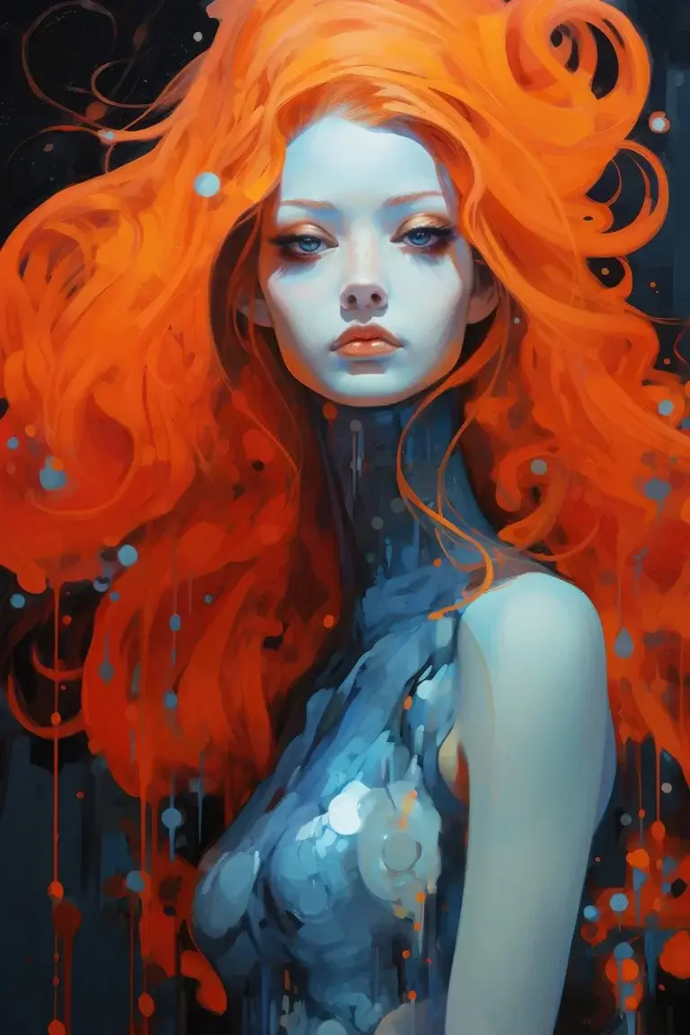 Woman with long orange hair painting