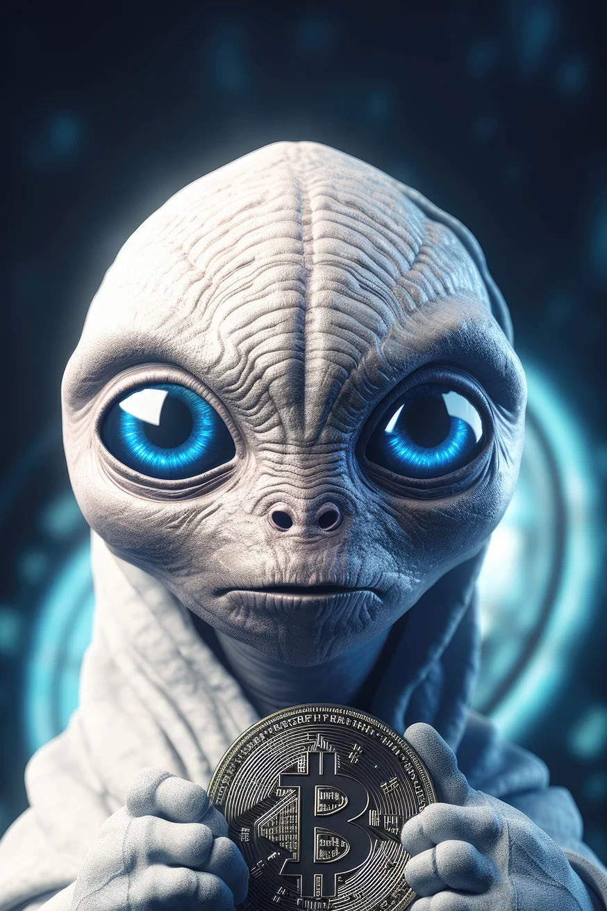 Alien with big blue eyes holding bitcoin