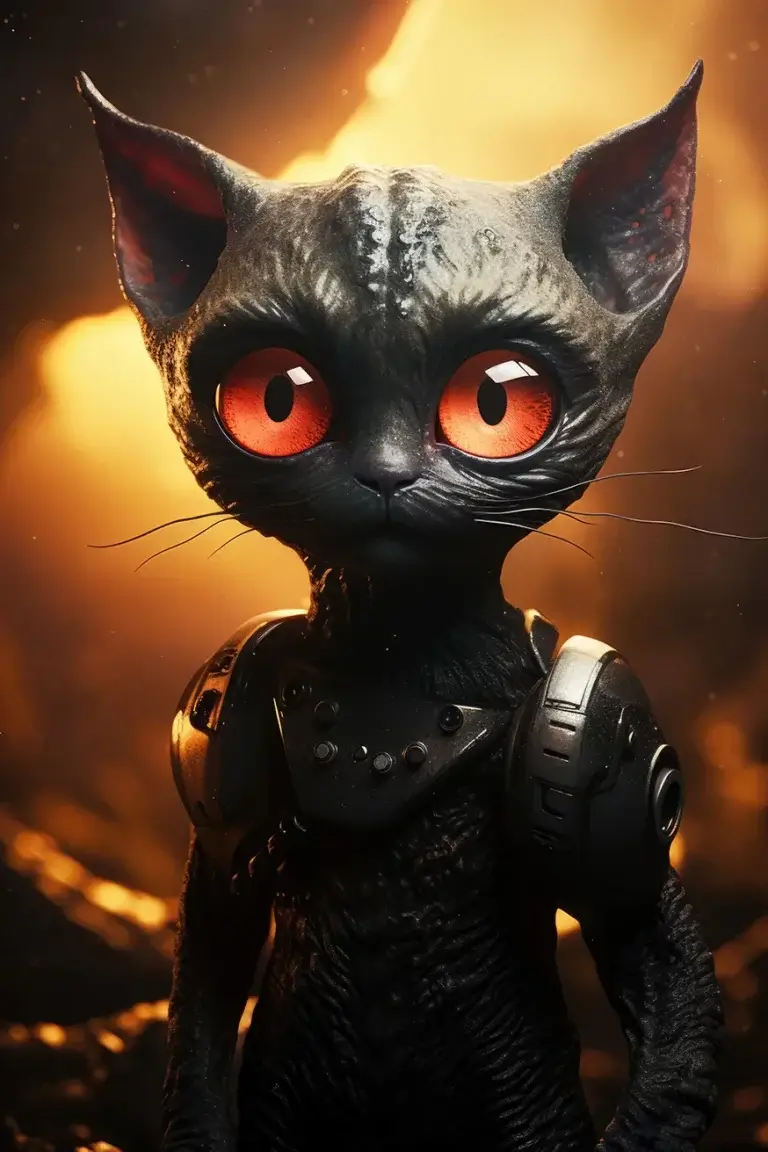 Humanoid black cat in black futuristic suit