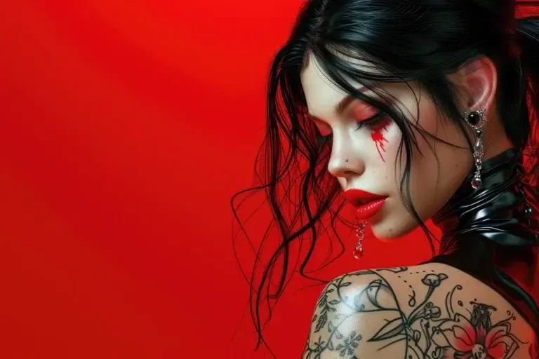 Girl with tattoo and black hair on red background