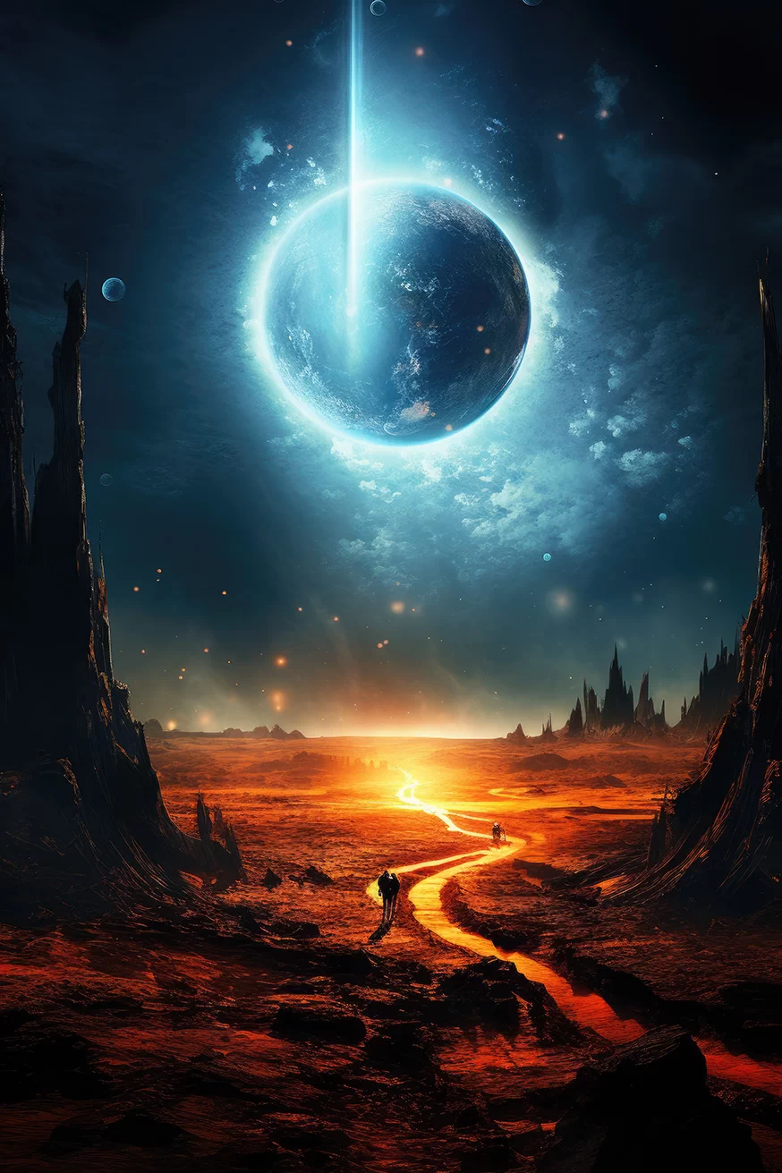 Fantasy landscape with orange terrain and blue moon