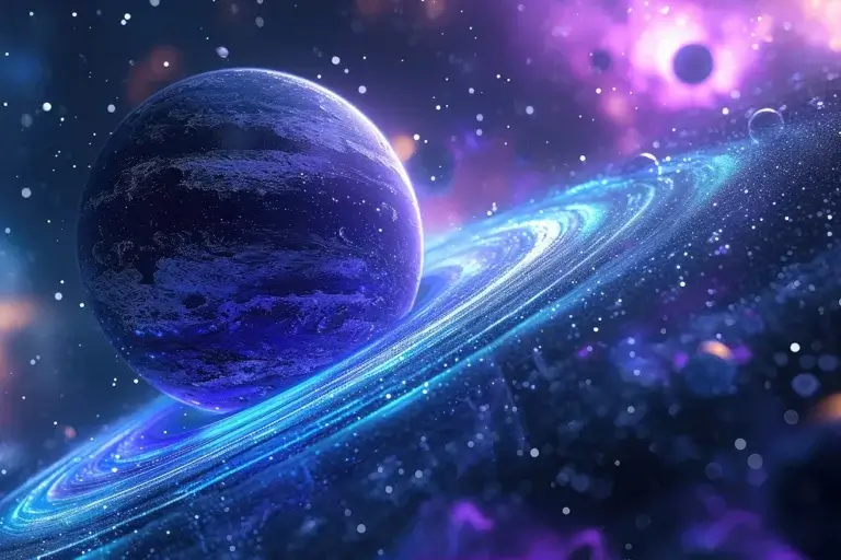 Violet planet in space with blue rings