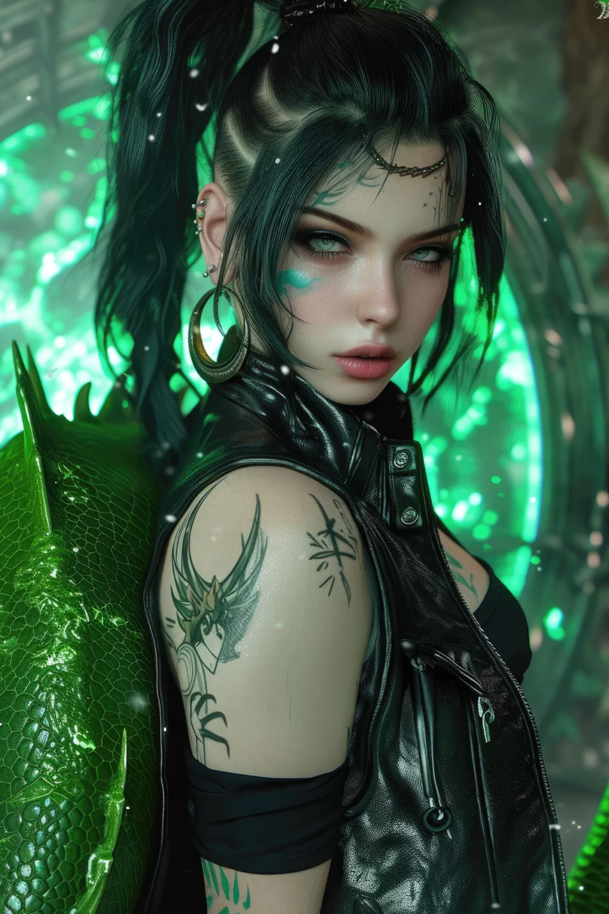 Fantasy girl in black suit and crystal green eyes