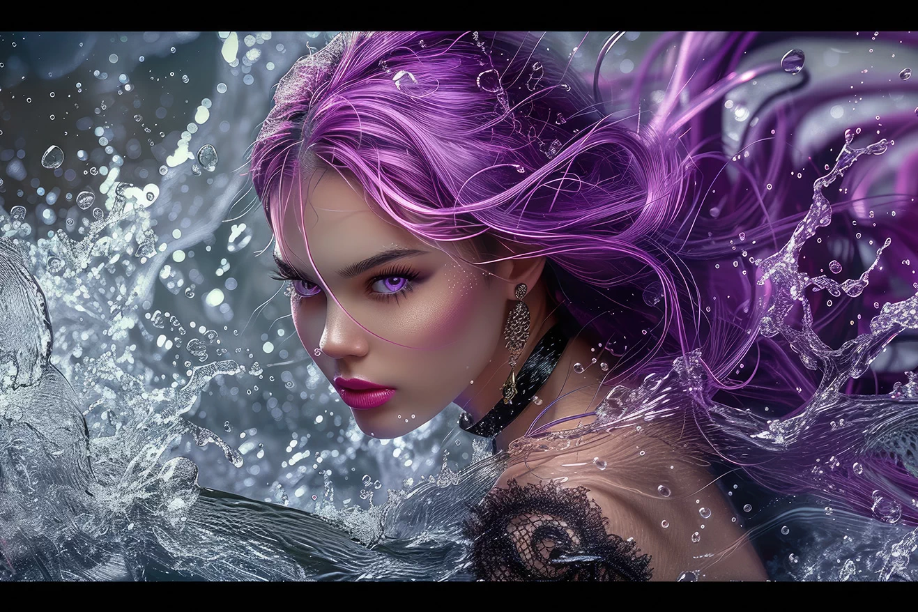 Girl with purple hair and eyes in crystal water