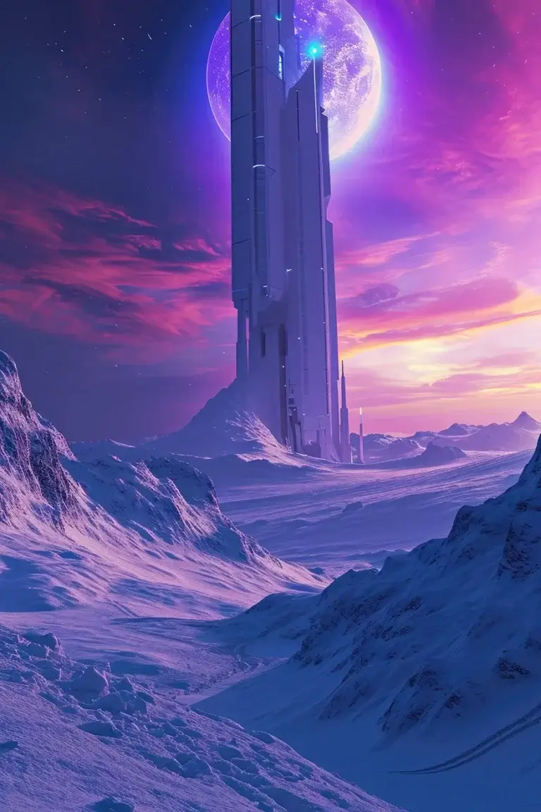 Huge tower at frozen landscape opposite purple moon