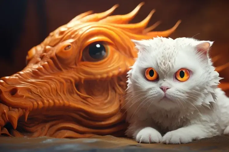 Cute white cat sitting near orange dragon