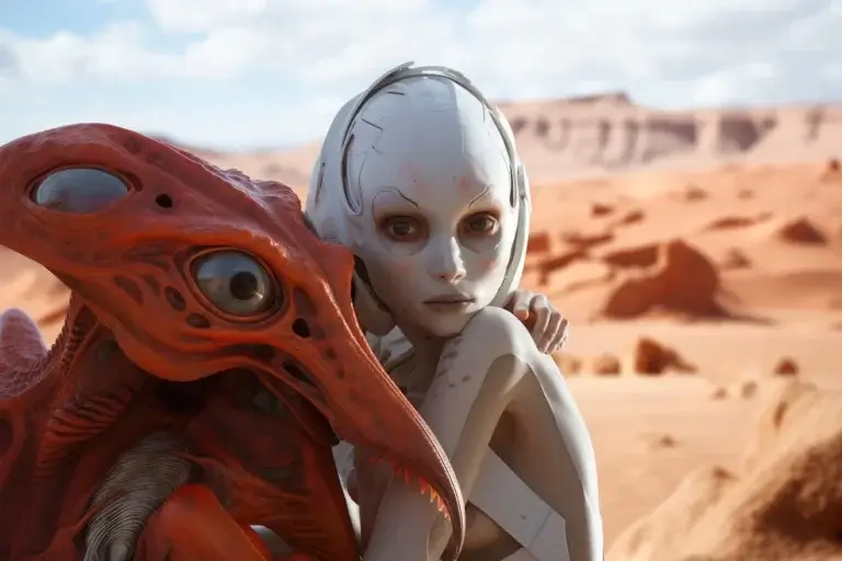 Alien woman near weird orange alien creature