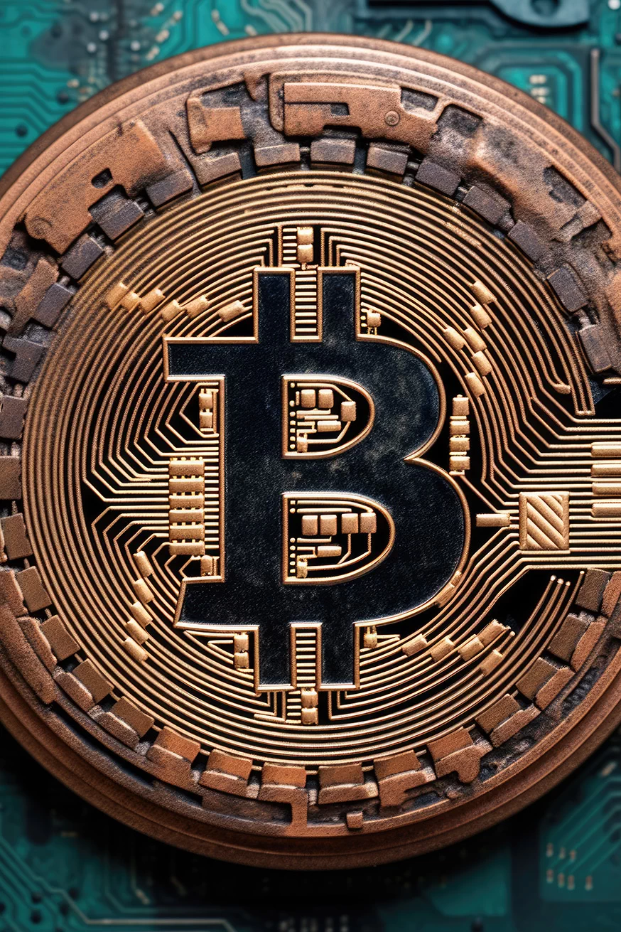 Copper bitcoin logo closeup