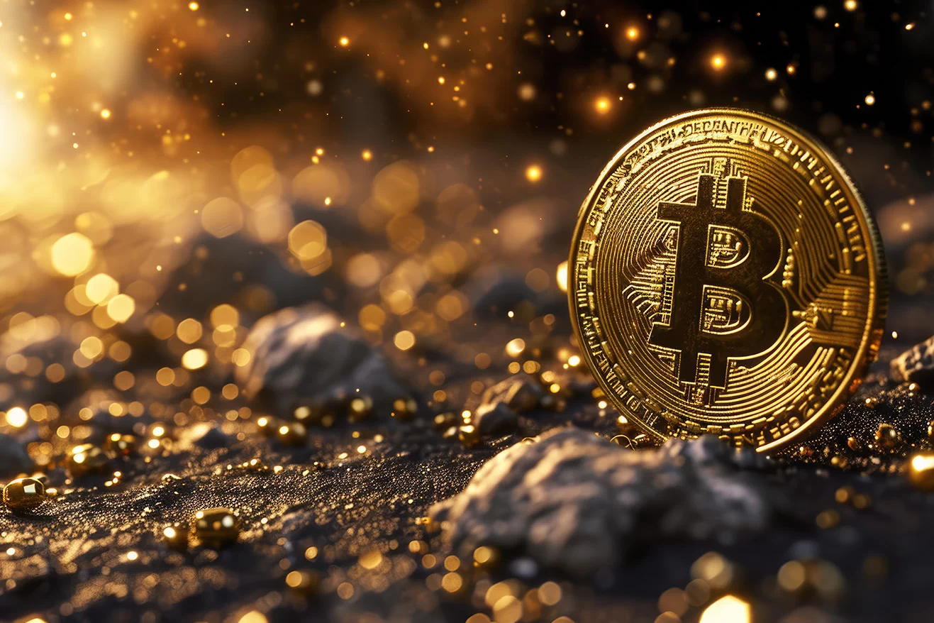 Golden bitcoin logo on on orange bokeh background
