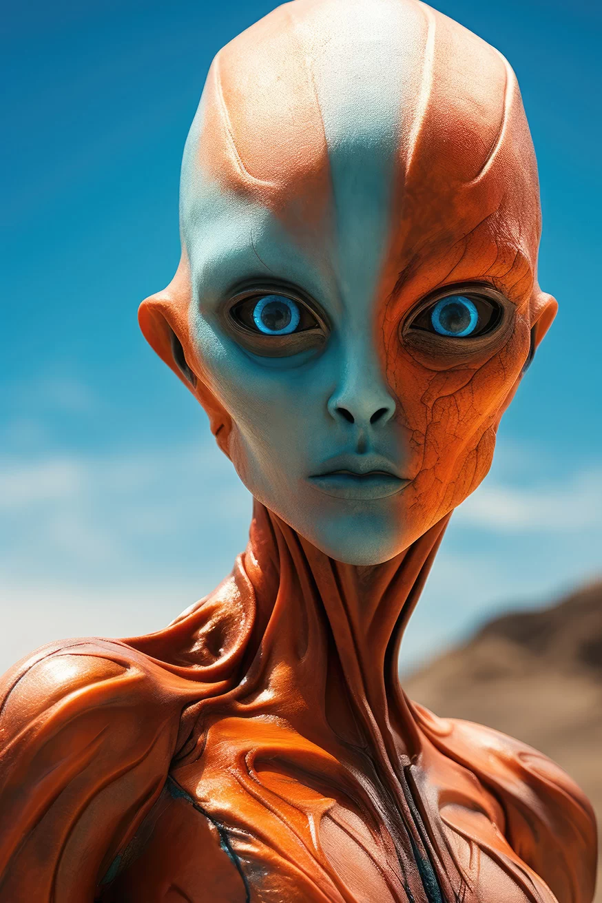 Alien woman with blue and orange mixed skin