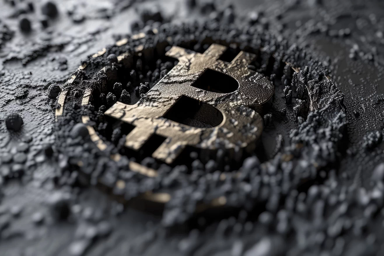 Golden bitcoin logo in the black mood