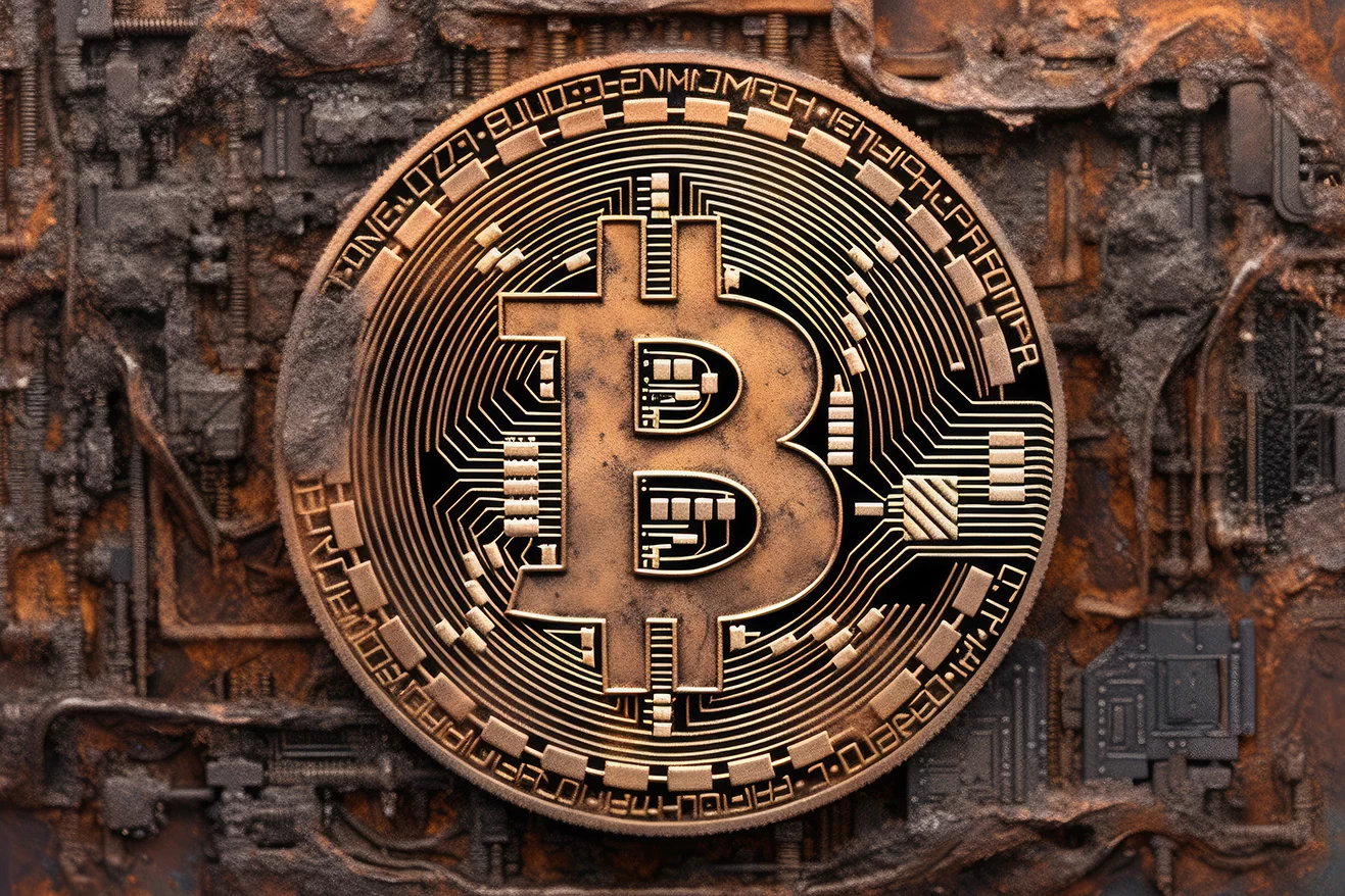 Old copper metal bitcoin logo on grunge background