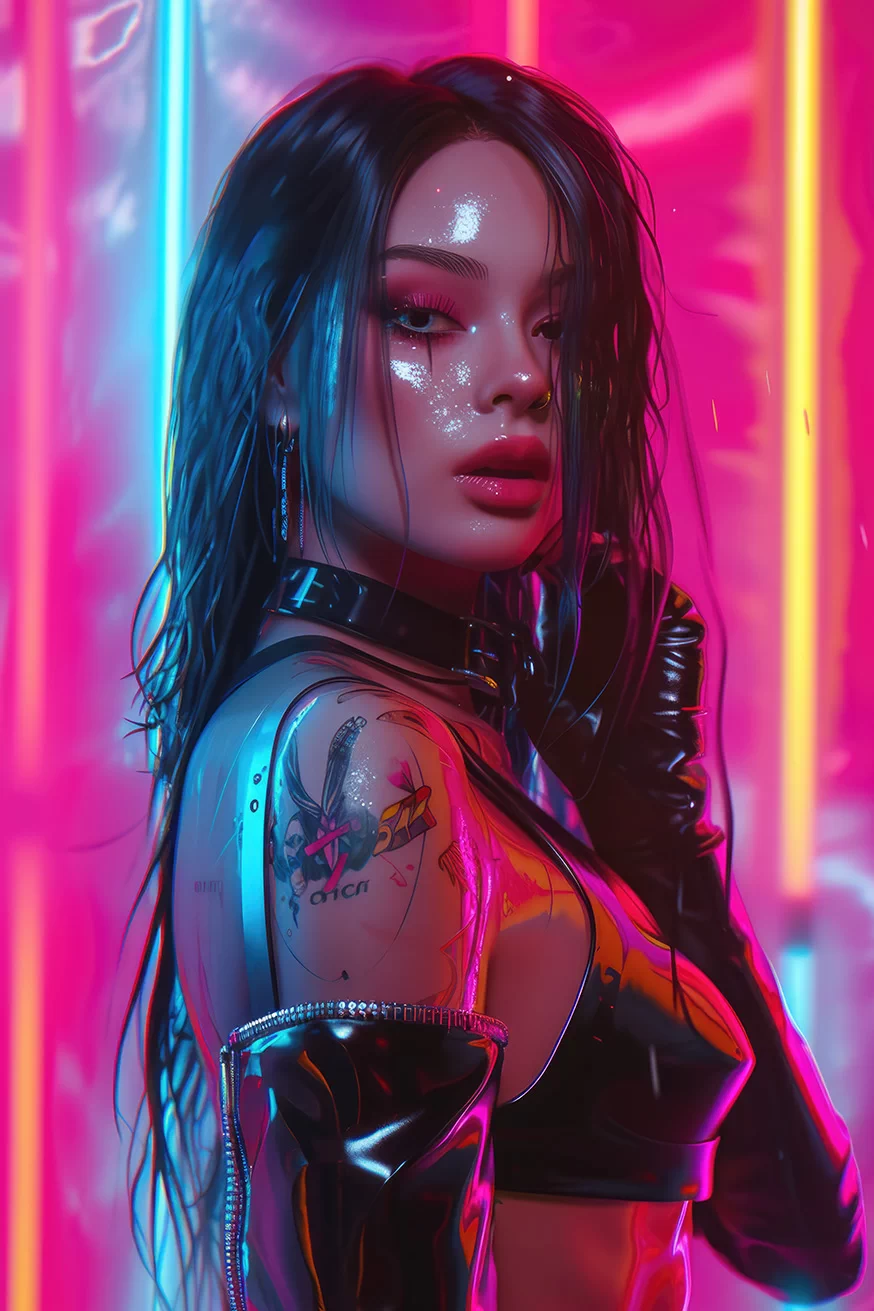 Girl with glossy skin and latex top on red neon background