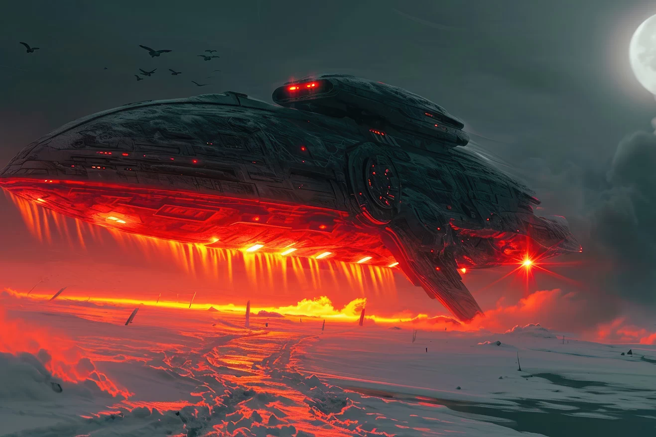 Black spaceship with orange lights over snow landscape