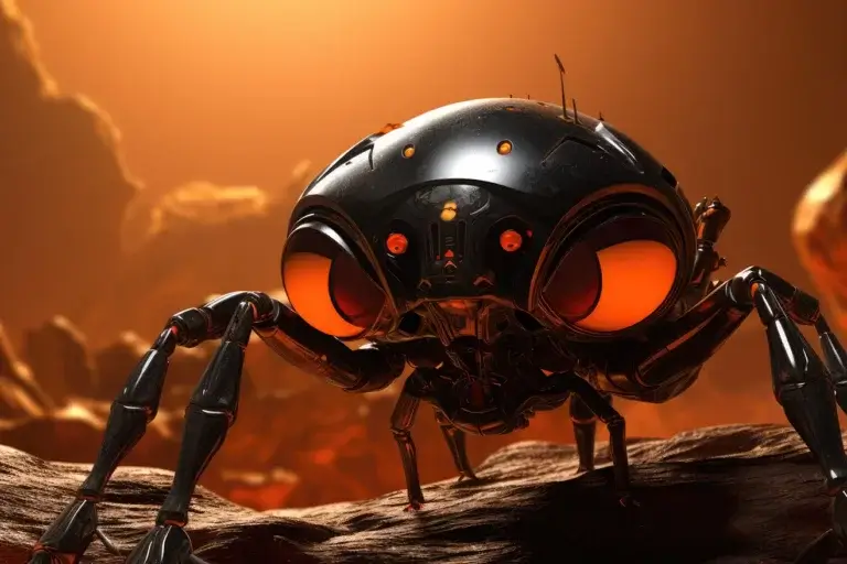 Black metallic bug robot with big eyes