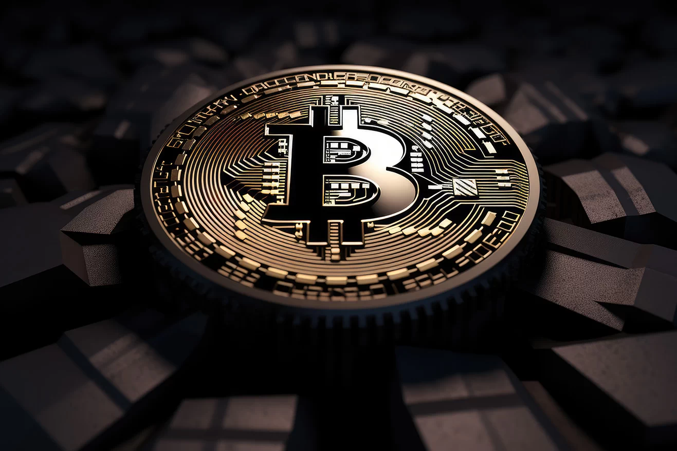 Golden bitcoin logo on metallic background