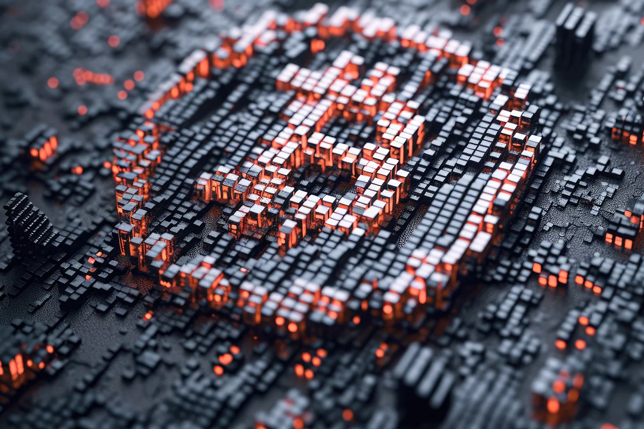 Bitcoin logo made of orange and black cubes