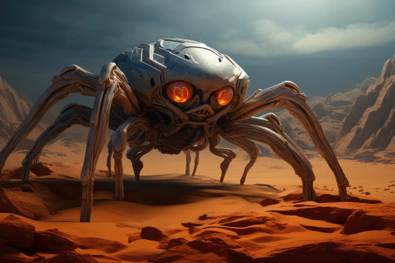 Monster metallic robotic spider in desert