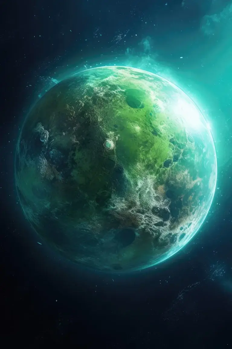 Green planet in space with oceans