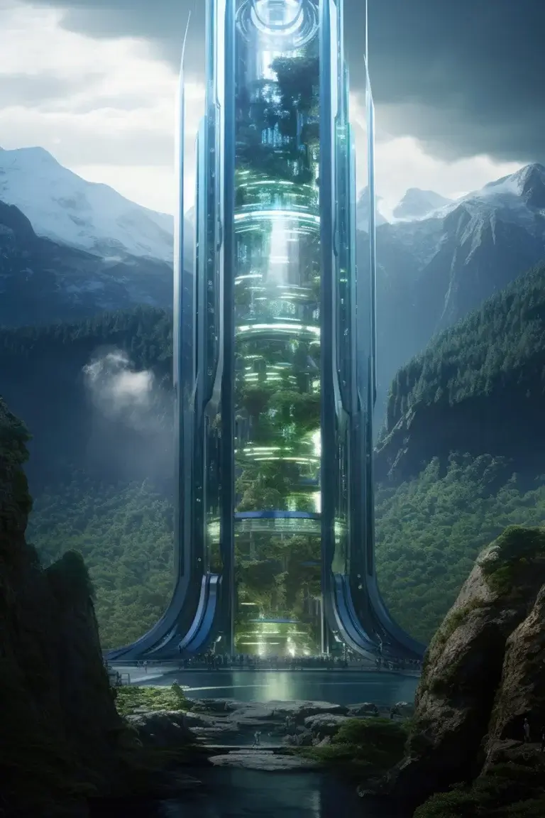 Futuristic glass tower with green trees inside