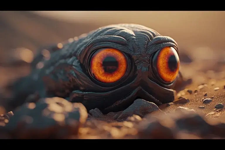 Weird funny black worm alien creature with big eyes