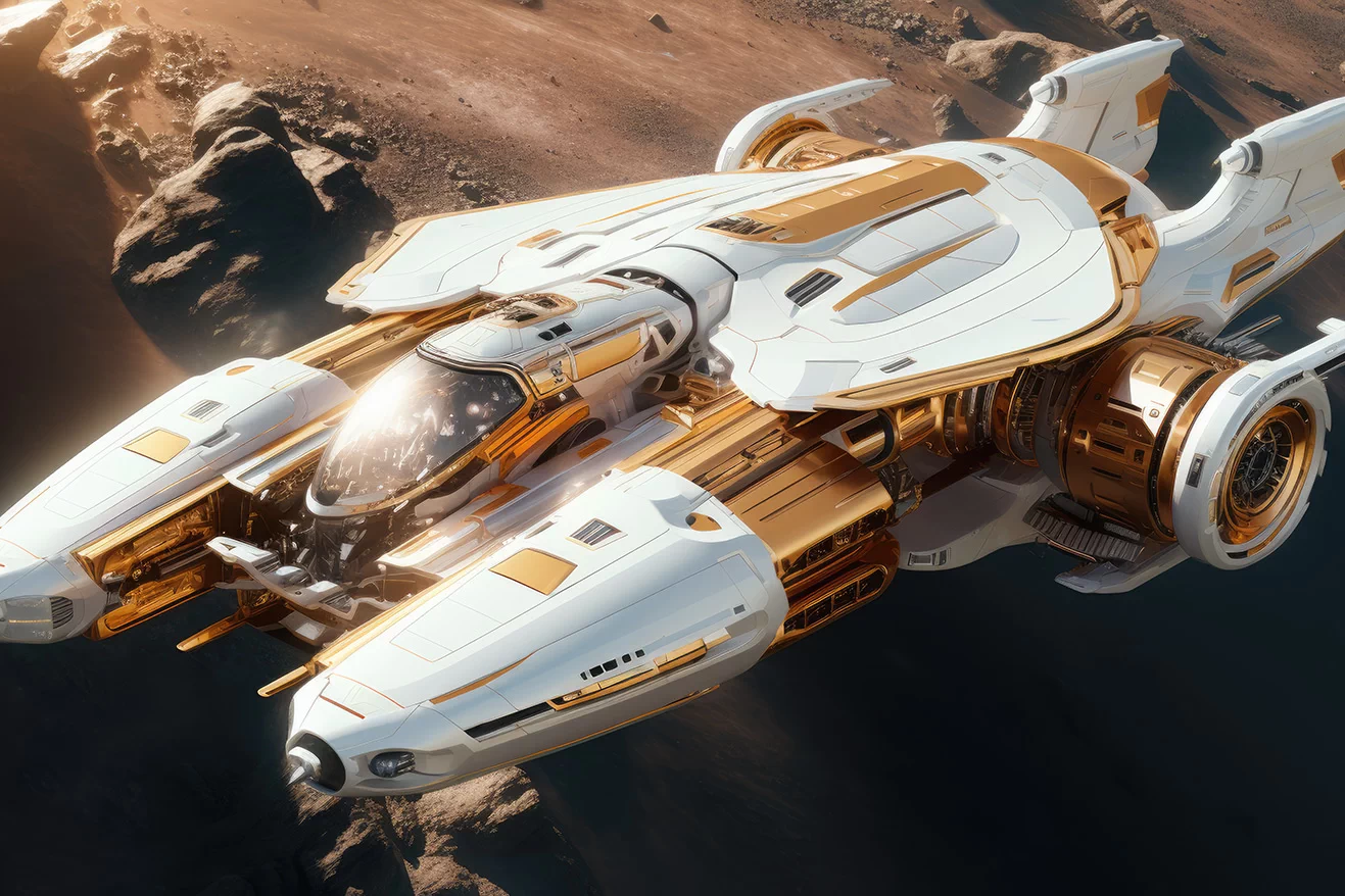 Futuristic spaceship with golden and white parts