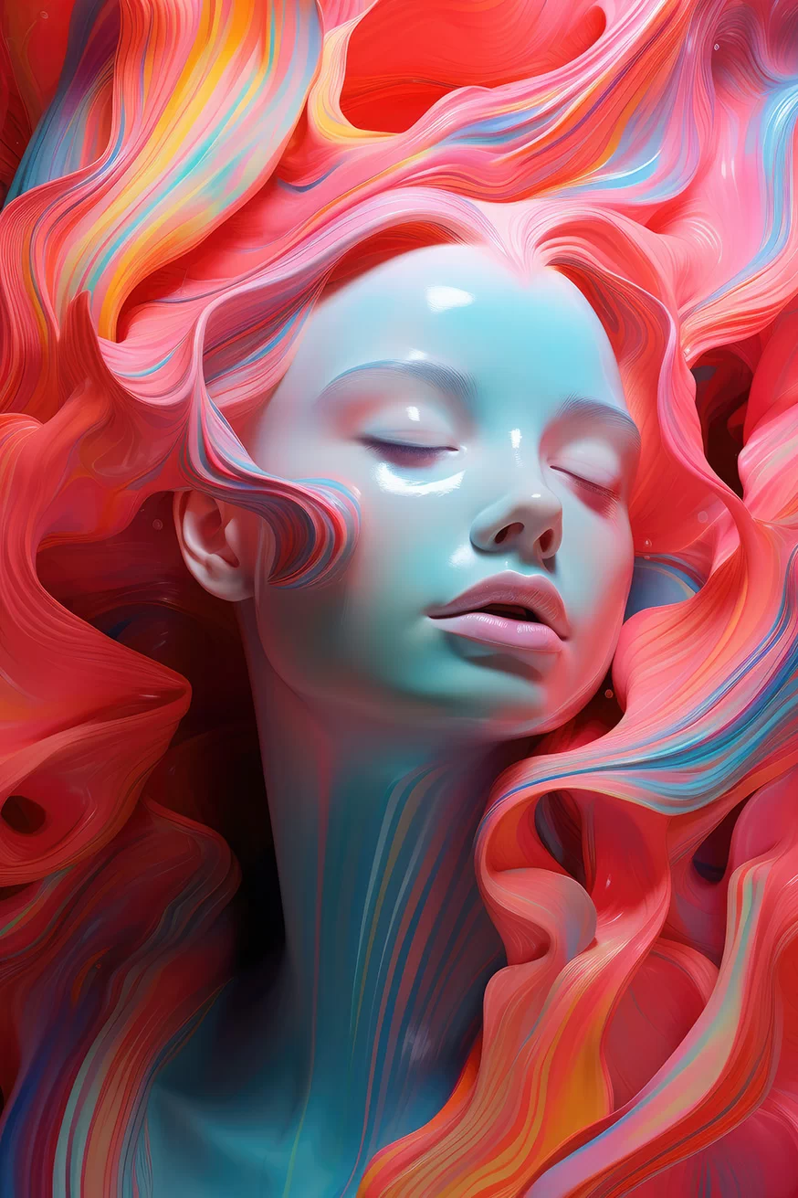 Fantasy woman in red liquid waves