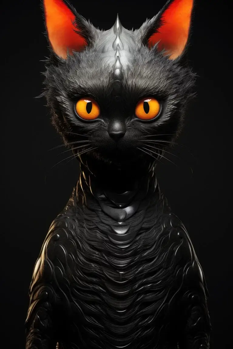 Humanoid black cat with orange eyes