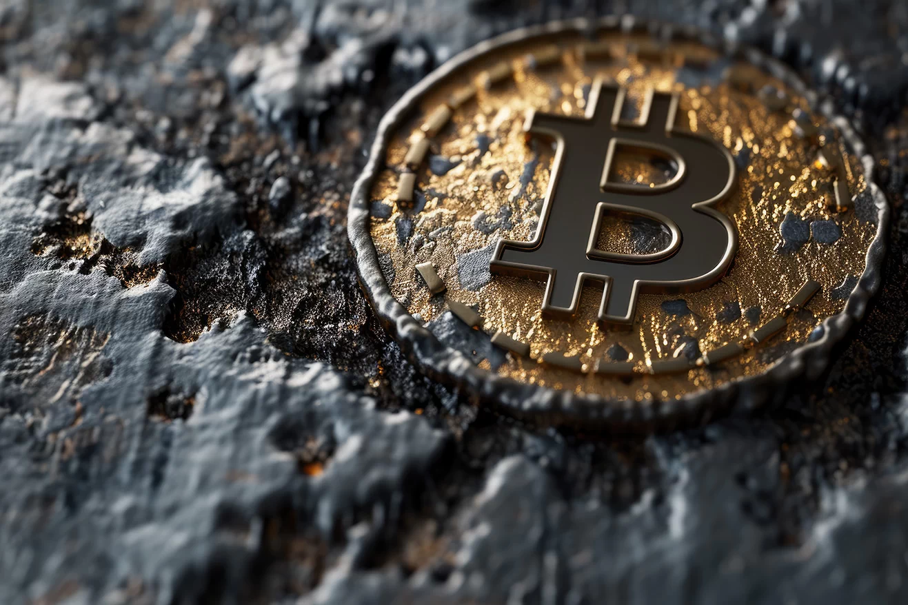 Vintage golden bitcoin logo on burned background