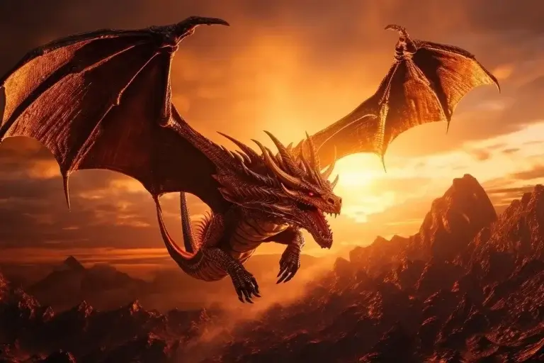 Flying dragon with huge wings at sunlight