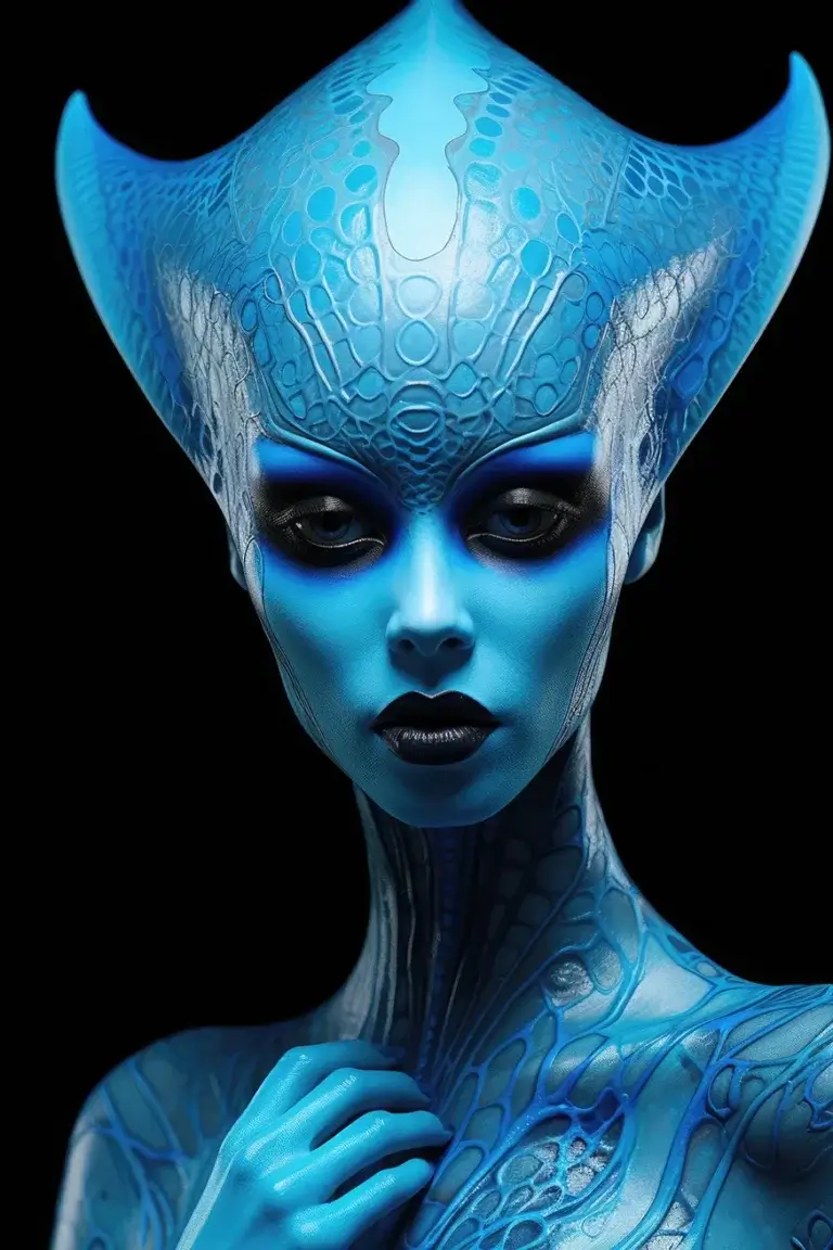 Alien woman with big blue head and black lips