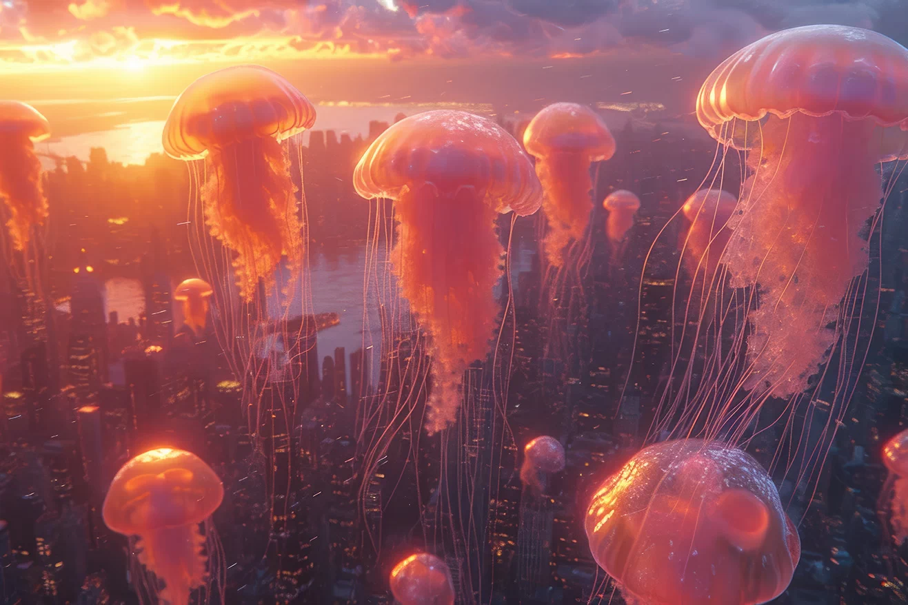 Jellyfishes flying over the city at sunset