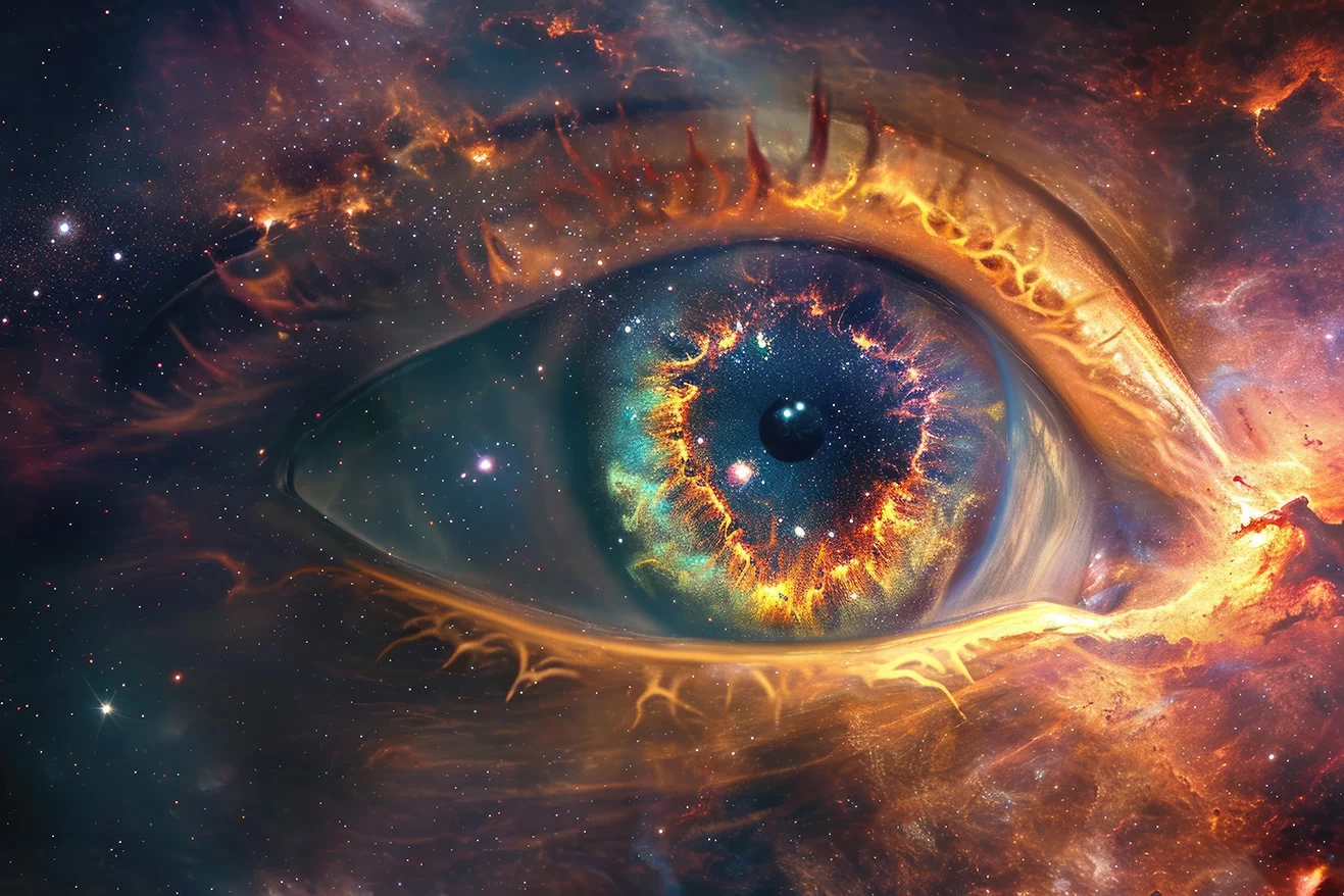 Huge eye in the space made of fire nebula clouds