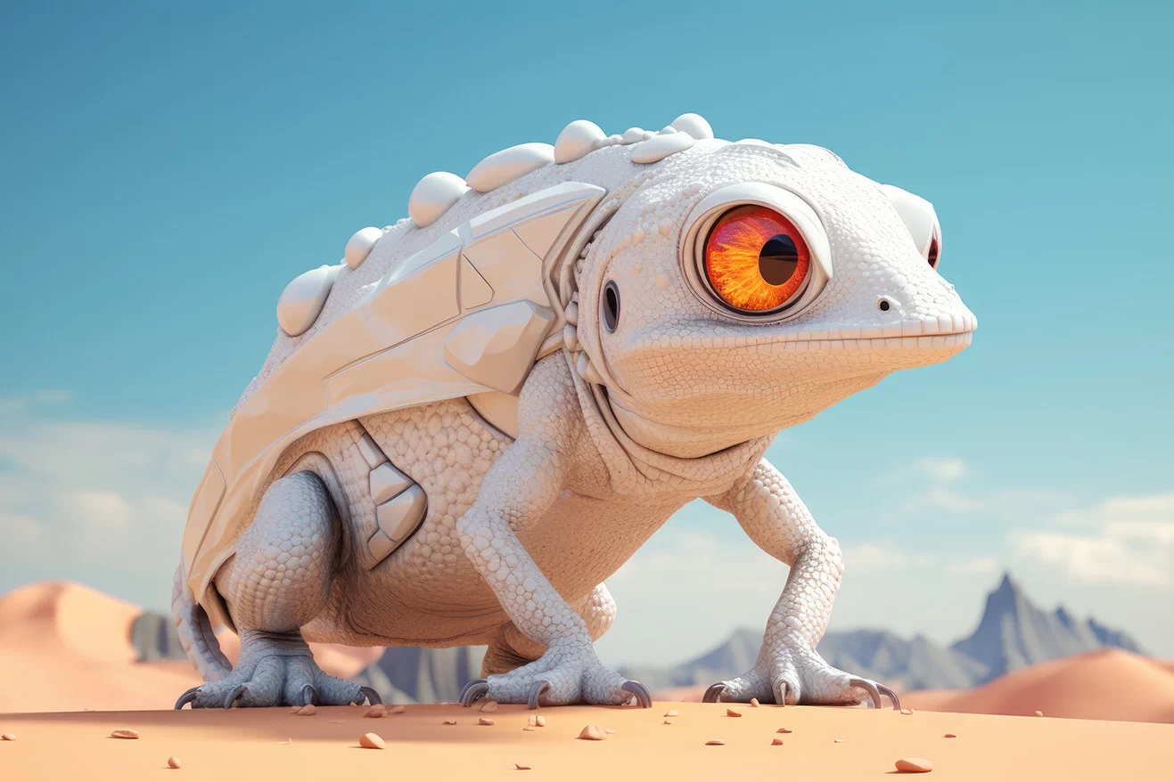 Big white robotic lizard in the desert