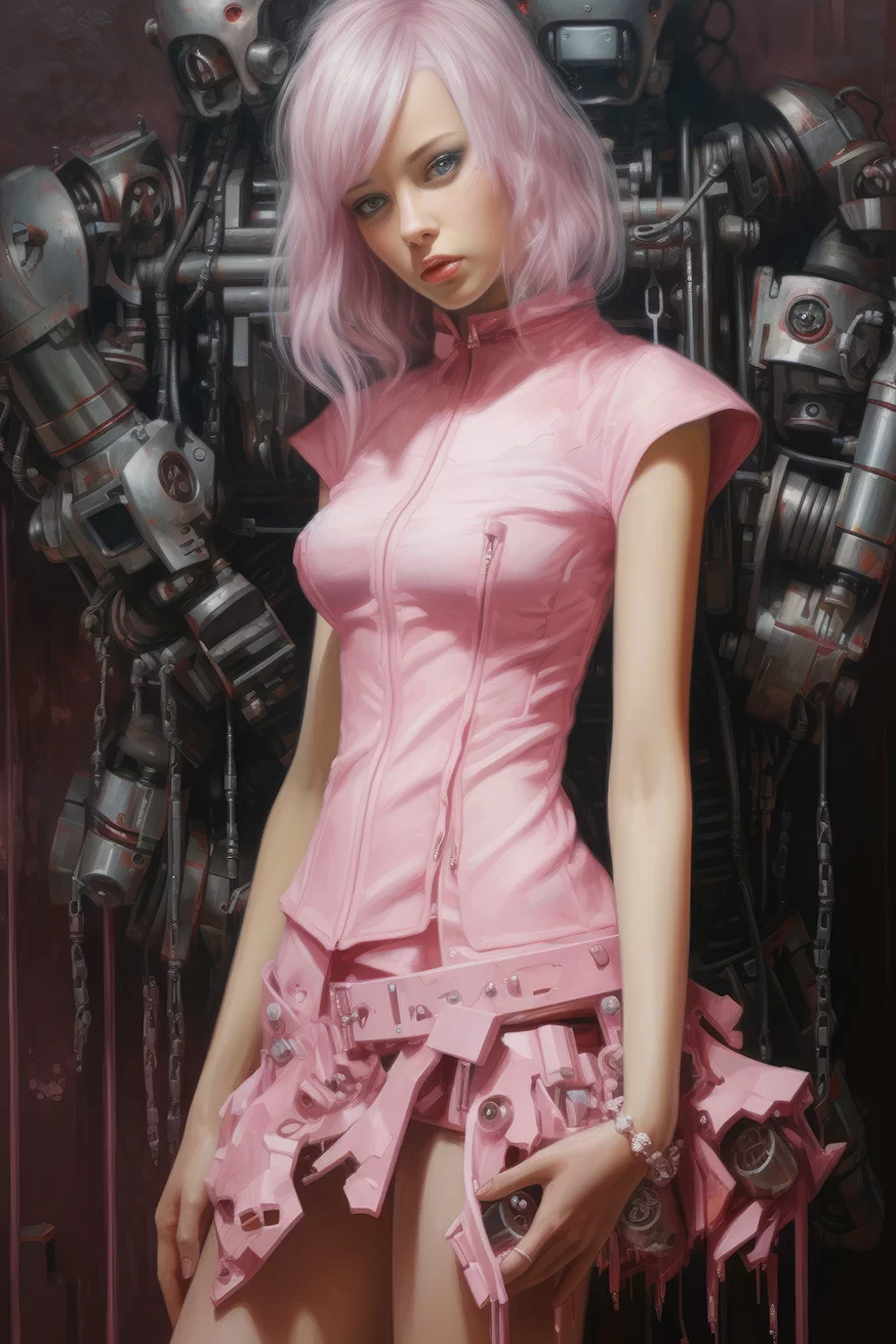 Girl in pink suit near metallic robot